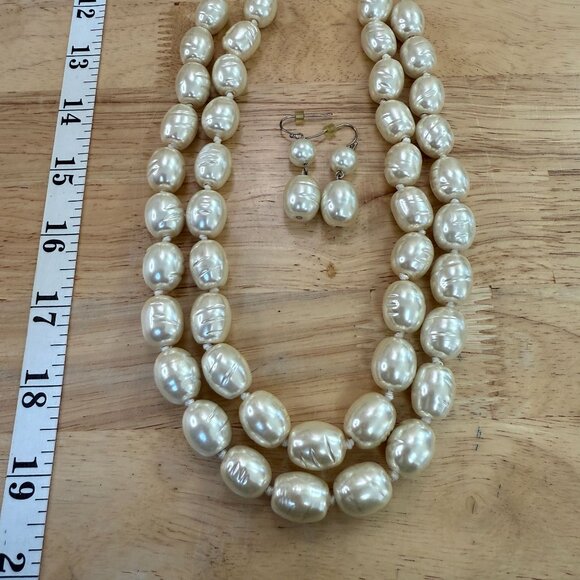 Chicos Vintage Faux Baroque Pearl Necklace & Earrings Set, Grandma Pearlcore - Picture 2 of 12